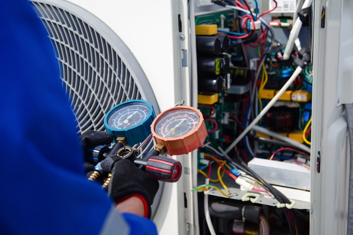 A person in blue overalls checks an air conditioner gauge.